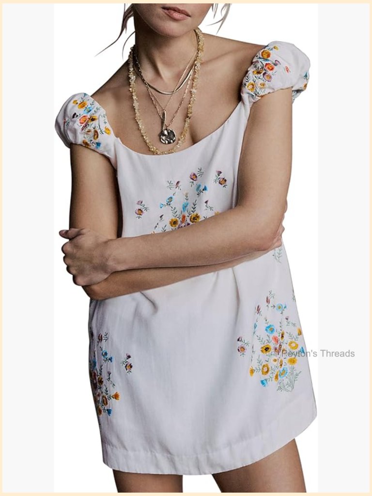 Linen Mini Dress Floral Embroidered Crew Neck Sleeveless Casual Guest Dress